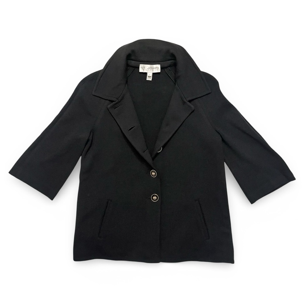 Vintage St John Collection Black Wool 3/4 Sleeve Knit Blazer Cardigan Gold 2